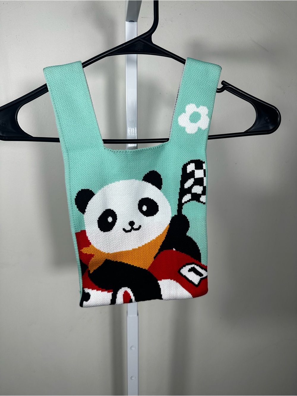 B16. Mint Green Panda Knit Mini Tote Bag Scooter Kawaii Cute